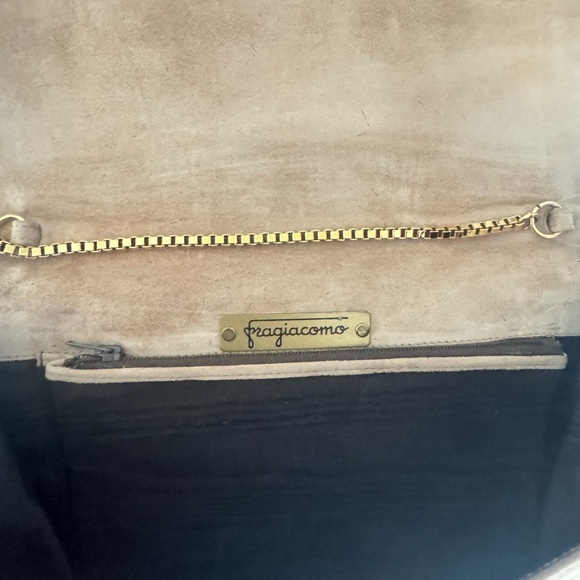 Fragiacomo purse clutch leather suede bag gold tone chain taupe Made in Italy - Picture 10 of 13